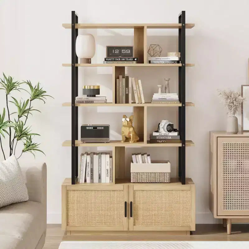 Rattan Bookshelf 71.1 Tall 5 Tier Industrial Bookcase with Storage Cabinet & Door, Open Display Shelves, Metal Frame Farmhouse Boho Shelf