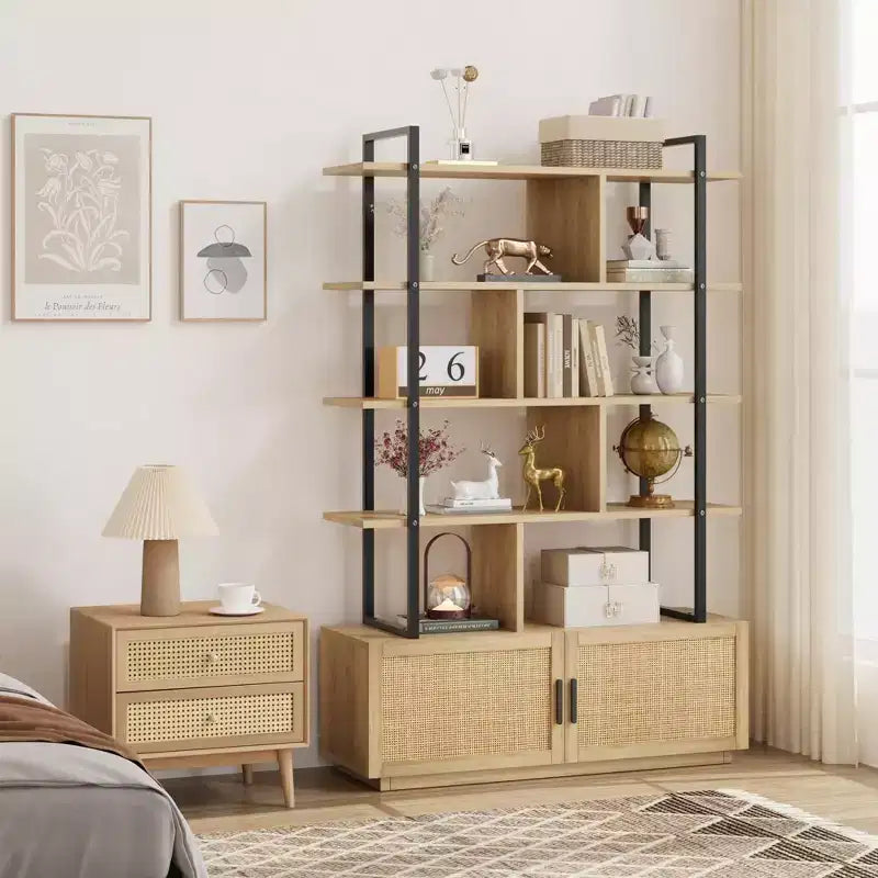 Rattan Bookshelf 71.1 Tall 5 Tier Industrial Bookcase with Storage Cabinet & Door, Open Display Shelves, Metal Frame Farmhouse Boho Shelf