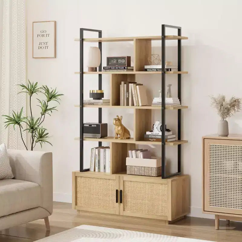 Rattan Bookshelf 71.1 Tall 5 Tier Industrial Bookcase with Storage Cabinet & Door, Open Display Shelves, Metal Frame Farmhouse Boho Shelf