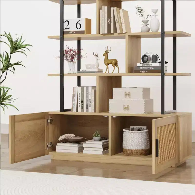 Rattan Bookshelf 71.1 Tall 5 Tier Industrial Bookcase with Storage Cabinet & Door, Open Display Shelves, Metal Frame Farmhouse Boho Shelf