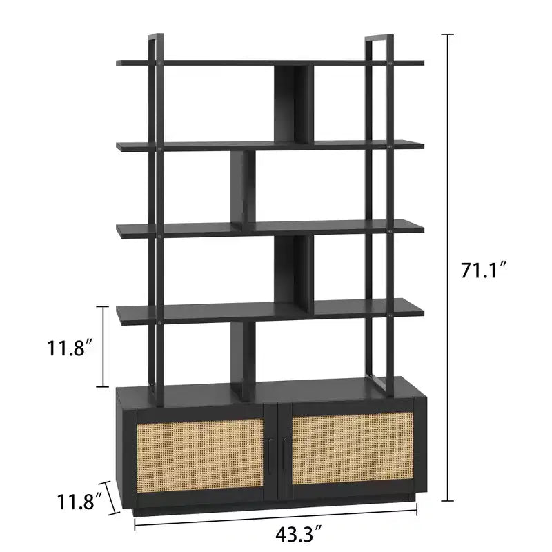 Rattan Bookshelf 71.1 Tall 5 Tier Industrial Bookcase with Storage Cabinet & Door, Open Display Shelves, Metal Frame Farmhouse Boho Shelf
