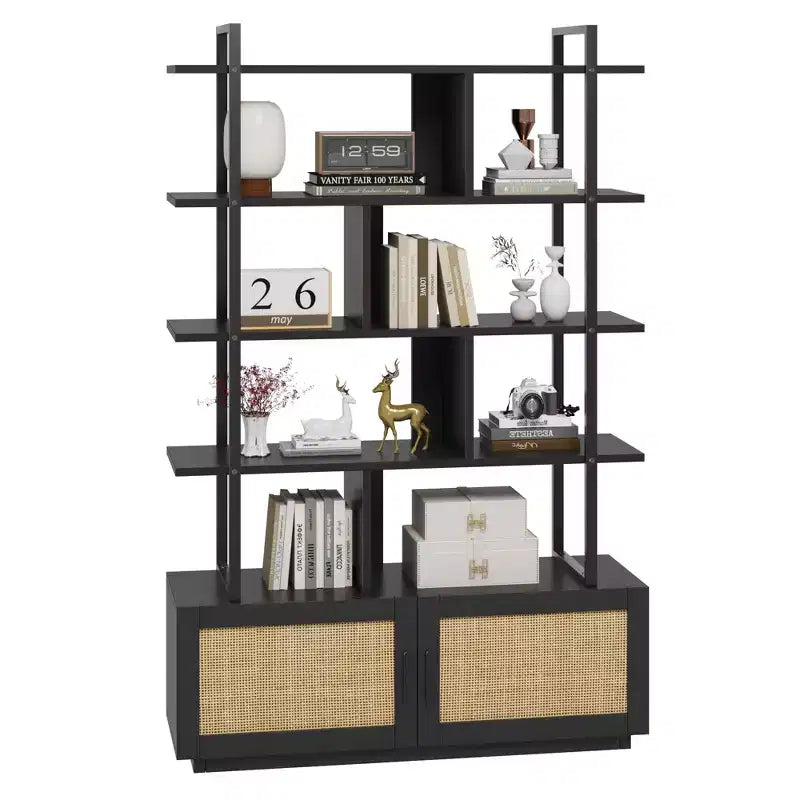 Rattan Bookshelf 71.1 Tall 5 Tier Industrial Bookcase with Storage Cabinet & Door, Open Display Shelves, Metal Frame Farmhouse Boho Shelf