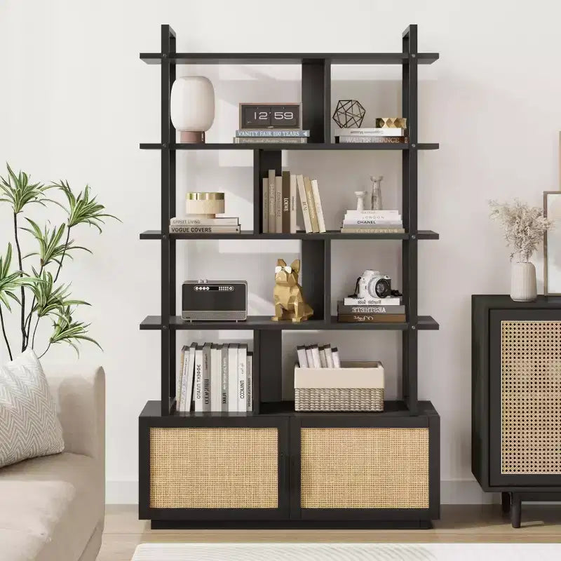 Rattan Bookshelf 71.1 Tall 5 Tier Industrial Bookcase with Storage Cabinet & Door, Open Display Shelves, Metal Frame Farmhouse Boho Shelf