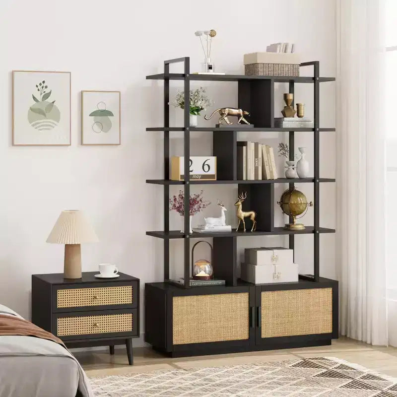 Rattan Bookshelf 71.1 Tall 5 Tier Industrial Bookcase with Storage Cabinet & Door, Open Display Shelves, Metal Frame Farmhouse Boho Shelf