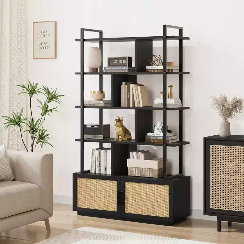 Rattan Bookshelf 71.1 Tall 5 Tier Industrial Bookcase with Storage Cabinet & Door, Open Display Shelves, Metal Frame Farmhouse Boho Shelf