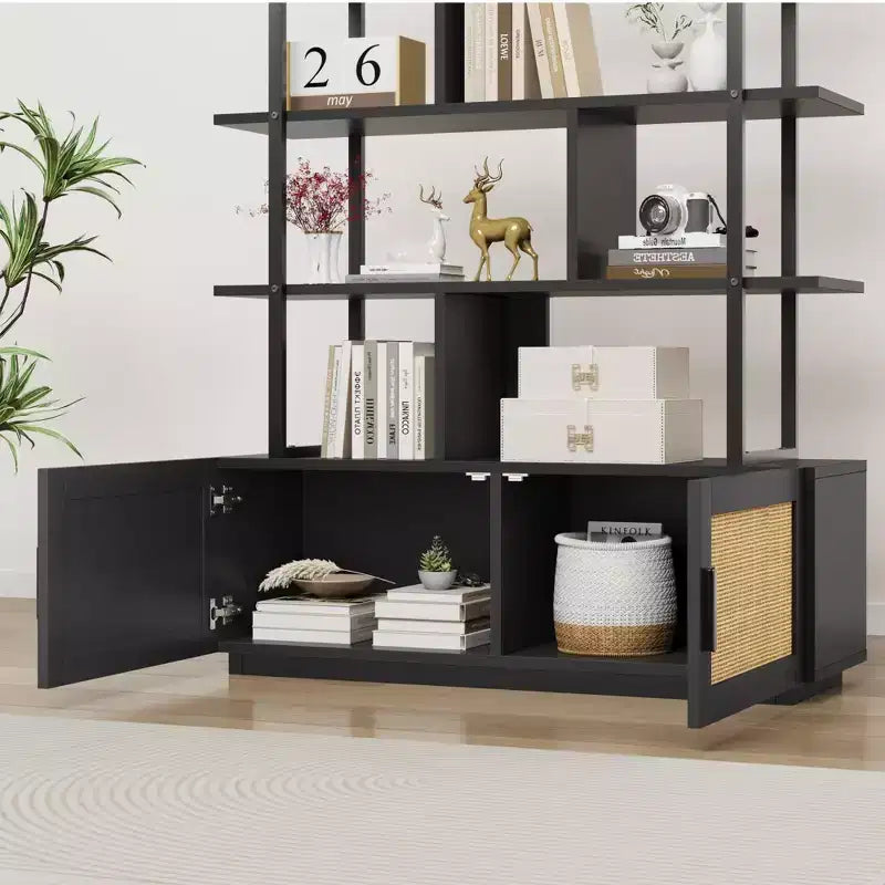 Rattan Bookshelf 71.1 Tall 5 Tier Industrial Bookcase with Storage Cabinet & Door, Open Display Shelves, Metal Frame Farmhouse Boho Shelf