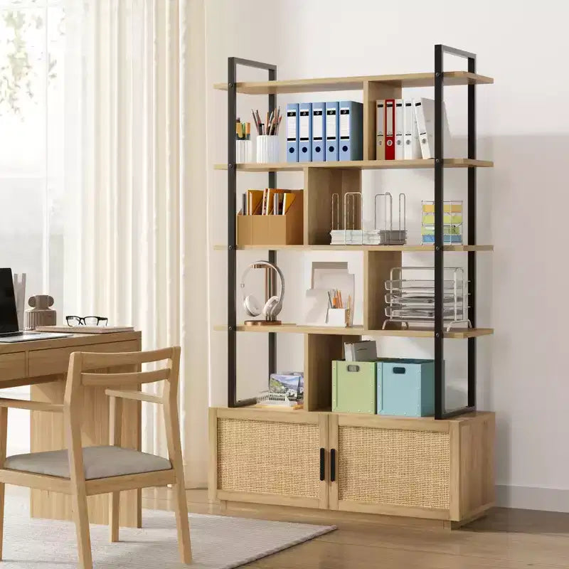 Rattan Bookshelf 71.1 Tall 5 Tier Industrial Bookcase with Storage Cabinet & Door, Open Display Shelves, Metal Frame Farmhouse Boho Shelf