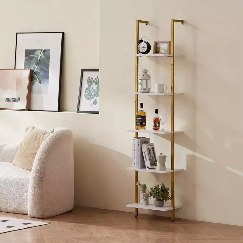 Ladder Shelf, 5-Tier Bookshelf 15.6x11.8in, Open Wall-Mounted Ladder Shelf with Metal Frame,Storage Rack Sundries Holder, Gold White