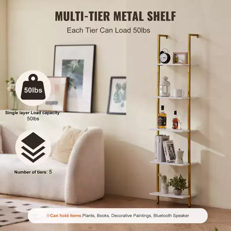 Ladder Shelf, 5-Tier Bookshelf 15.6x11.8in, Open Wall-Mounted Ladder Shelf with Metal Frame,Storage Rack Sundries Holder, Gold White