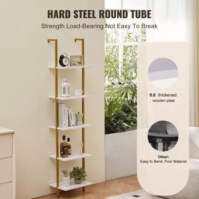 Ladder Shelf, 5-Tier Bookshelf 15.6x11.8in, Open Wall-Mounted Ladder Shelf with Metal Frame,Storage Rack Sundries Holder, Gold White