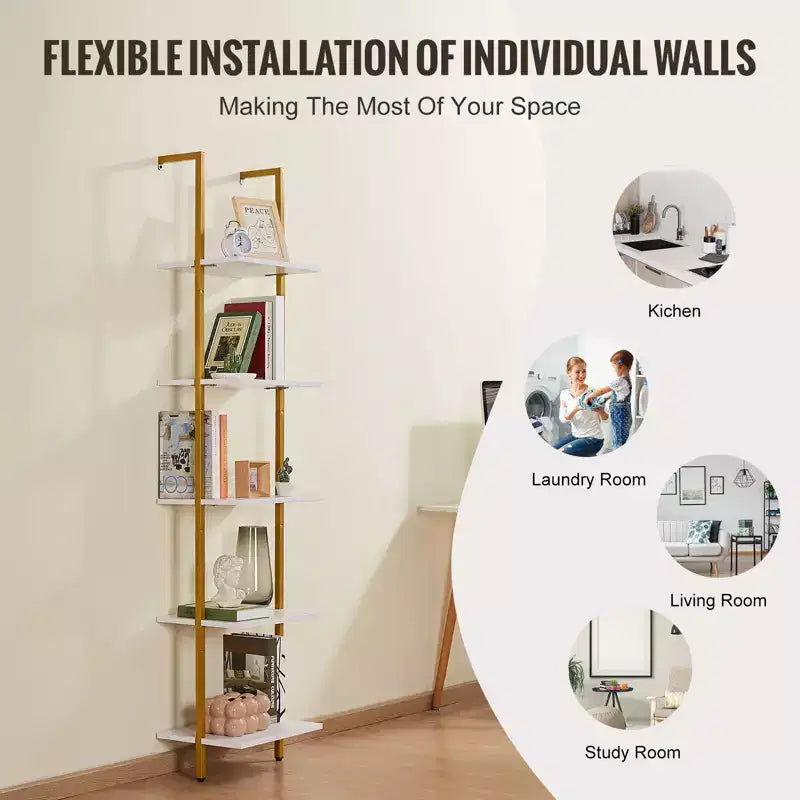 Ladder Shelf, 5-Tier Bookshelf 15.6x11.8in, Open Wall-Mounted Ladder Shelf with Metal Frame,Storage Rack Sundries Holder, Gold White