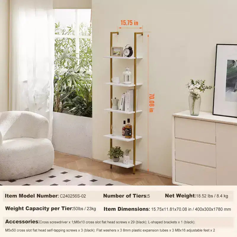 Ladder Shelf, 5-Tier Bookshelf 15.6x11.8in, Open Wall-Mounted Ladder Shelf with Metal Frame,Storage Rack Sundries Holder, Gold White