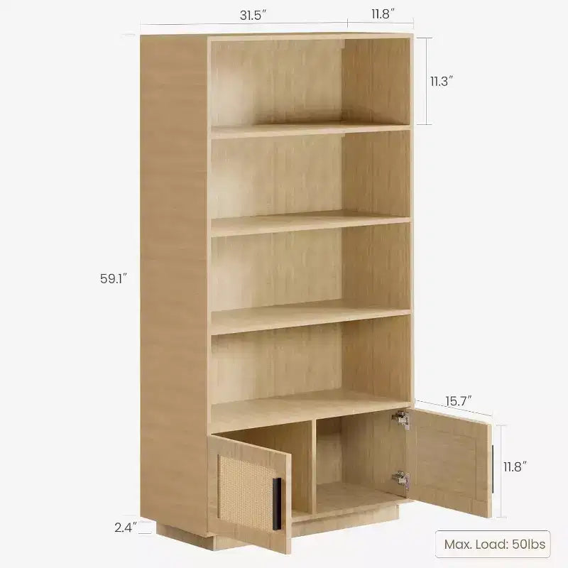 5-Tier Wooden Bookcase with Rattan Doors - 63 Tall Boho Bookshelf with Storage Natural Wood & Woven Rattan