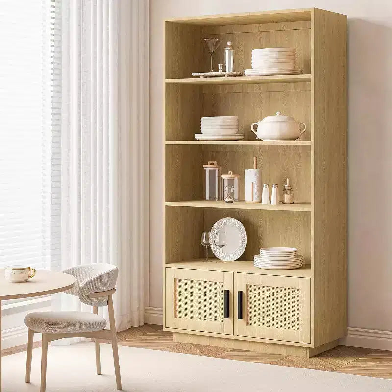 5-Tier Wooden Bookcase with Rattan Doors - 63 Tall Boho Bookshelf with Storage Natural Wood & Woven Rattan
