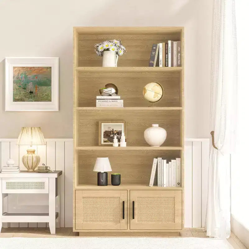 5-Tier Wooden Bookcase with Rattan Doors - 63 Tall Boho Bookshelf with Storage Natural Wood & Woven Rattan