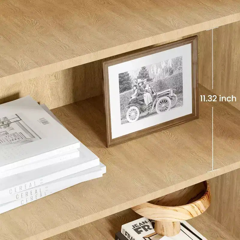 5-Tier Wooden Bookcase with Rattan Doors - 63 Tall Boho Bookshelf with Storage Natural Wood & Woven Rattan