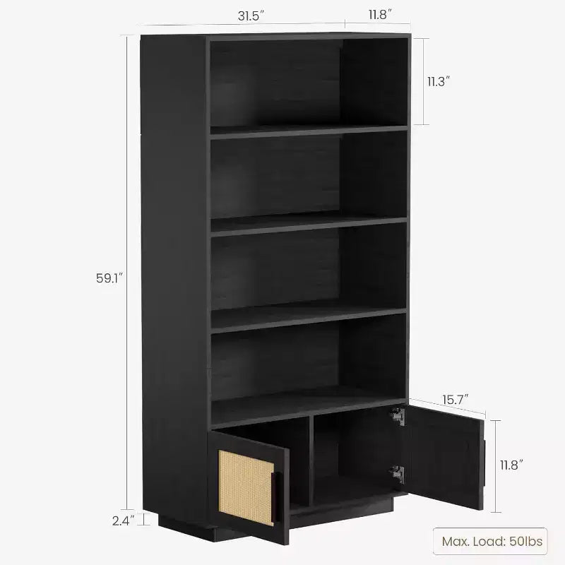 5-Tier Wooden Bookcase with Rattan Doors - 63 Tall Boho Bookshelf with Storage Natural Wood & Woven Rattan