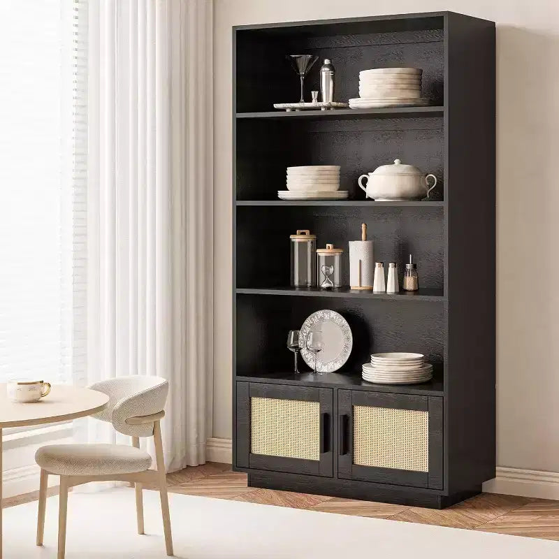 5-Tier Wooden Bookcase with Rattan Doors - 63 Tall Boho Bookshelf with Storage Natural Wood & Woven Rattan