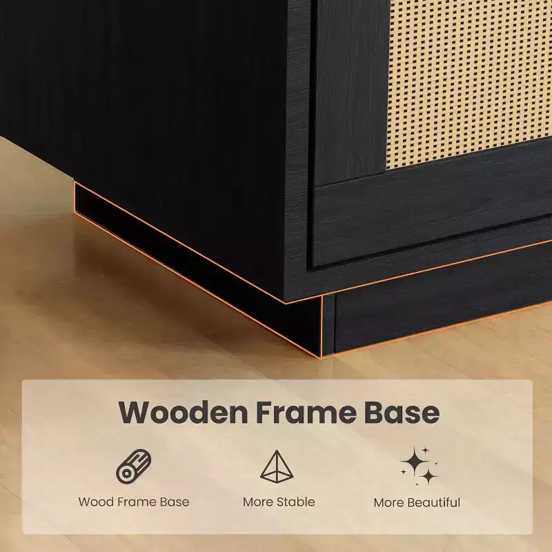 5-Tier Wooden Bookcase with Rattan Doors - 63 Tall Boho Bookshelf with Storage Natural Wood & Woven Rattan