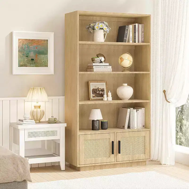 5-Tier Wooden Bookcase with Rattan Doors - 63 Tall Boho Bookshelf with Storage Natural Wood & Woven Rattan