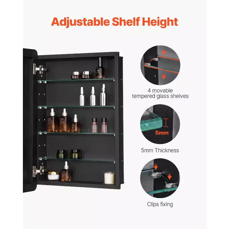 Medicine Cabinet, 20 x 30 inch, Medicine Cabinet for Bathroom with Mirror, Aluminum Frame, 4-layer Adjustable Shelves, Black