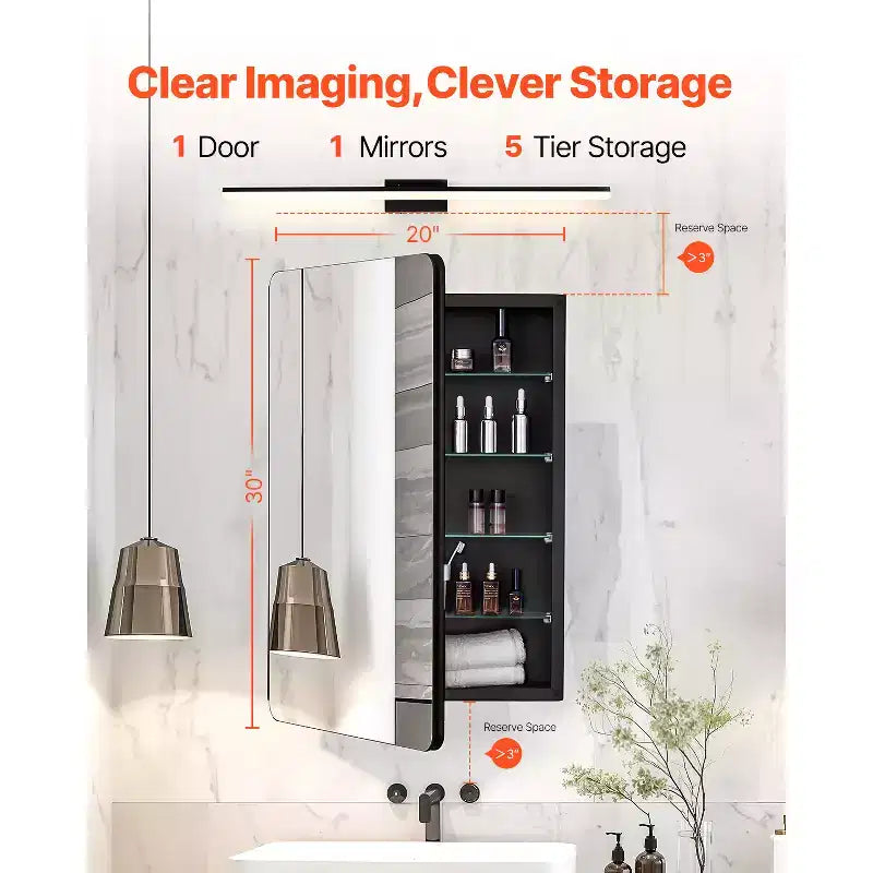 Medicine Cabinet, 20 x 30 inch, Medicine Cabinet for Bathroom with Mirror, Aluminum Frame, 4-layer Adjustable Shelves, Black
