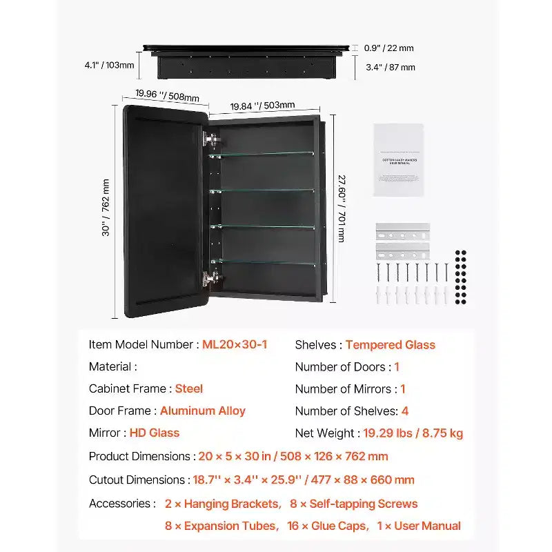 Medicine Cabinet, 20 x 30 inch, Medicine Cabinet for Bathroom with Mirror, Aluminum Frame, 4-layer Adjustable Shelves, Black