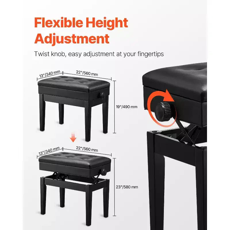 Piano Bench, 22 x 13 x 19.3, Keyboard Piano Chair with 19.3-22.8 Adjustable Height, Padded Cushion, Storage Compartment, Black