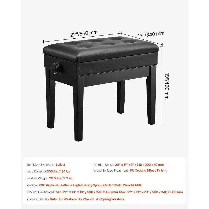 Piano Bench, 22 x 13 x 19.3, Keyboard Piano Chair with 19.3-22.8 Adjustable Height, Padded Cushion, Storage Compartment, Black