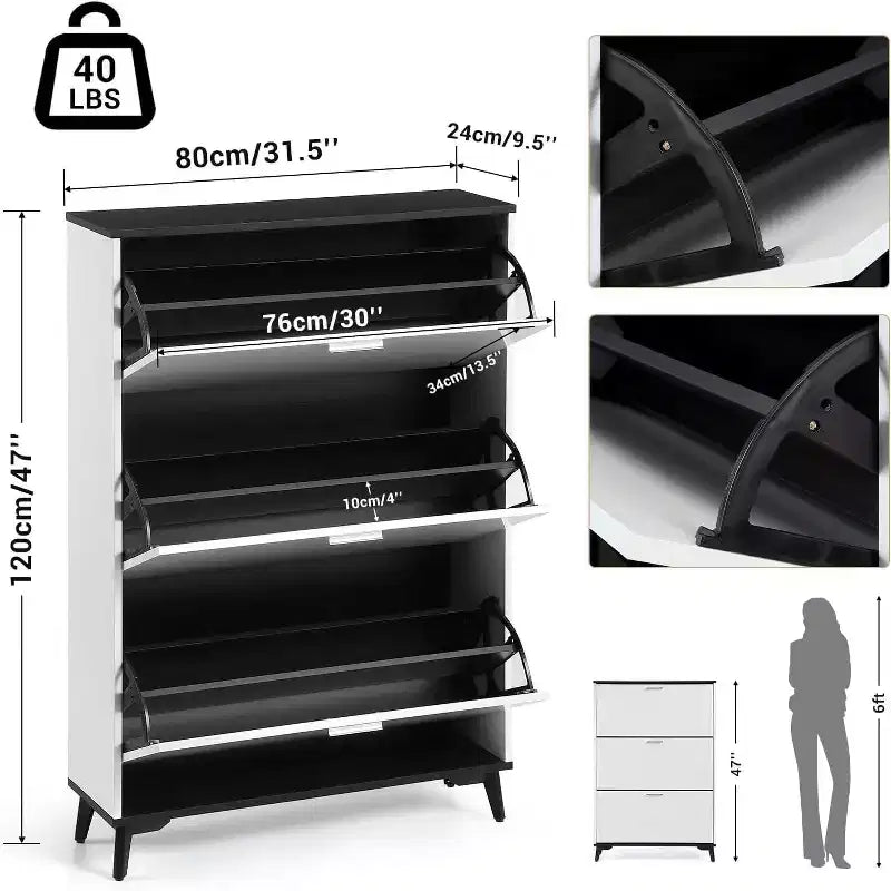 Shoe Storage Cabinet, Entryway Shoe Cabinet with 3 Flip Drawers, Freestanding Wooden Shoes Storage Organizer, Narrow Shoe Organizer Cabinet
