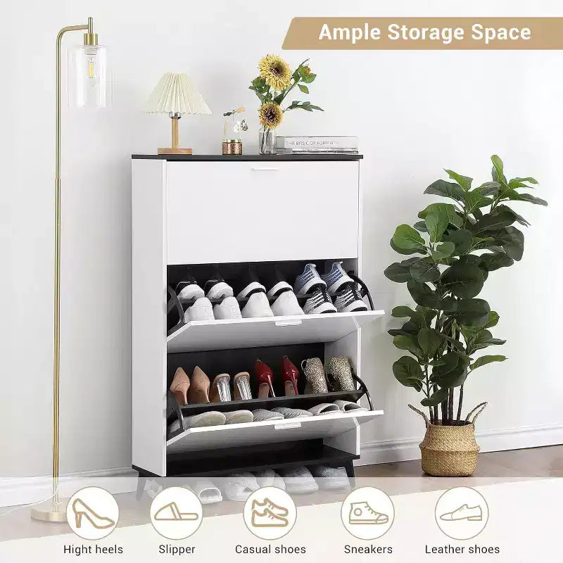 Shoe Storage Cabinet, Entryway Shoe Cabinet with 3 Flip Drawers, Freestanding Wooden Shoes Storage Organizer, Narrow Shoe Organizer Cabinet