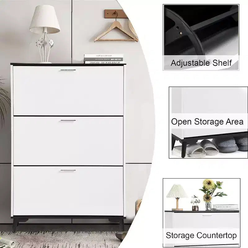 Shoe Storage Cabinet, Entryway Shoe Cabinet with 3 Flip Drawers, Freestanding Wooden Shoes Storage Organizer, Narrow Shoe Organizer Cabinet
