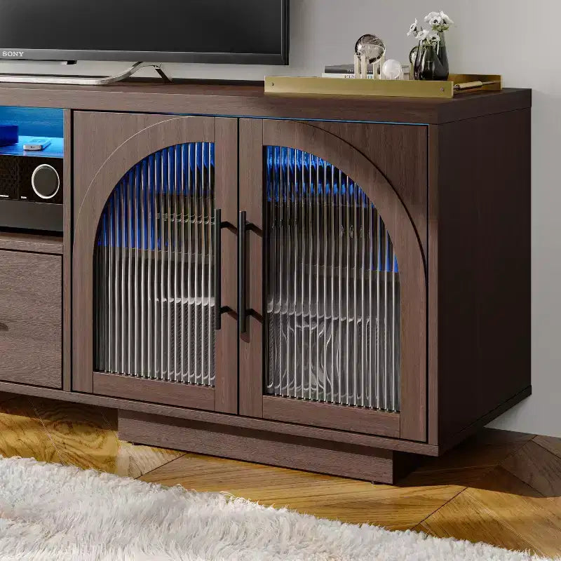 70 TV Stand for 80 TVs, Entertainment Center with LED Lights and Arched Glass Doors