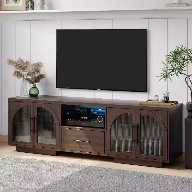 70 TV Stand for 80 TVs, Entertainment Center with LED Lights and Arched Glass Doors