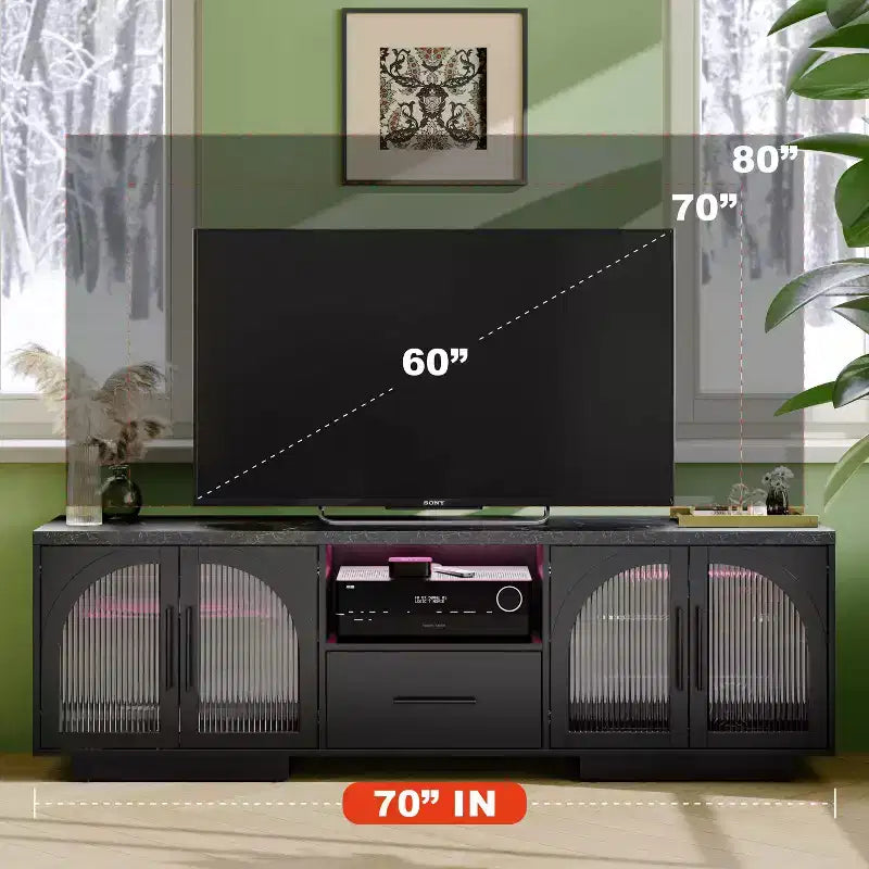 70 TV Stand for 80 TVs, Entertainment Center with LED Lights and Arched Glass Doors