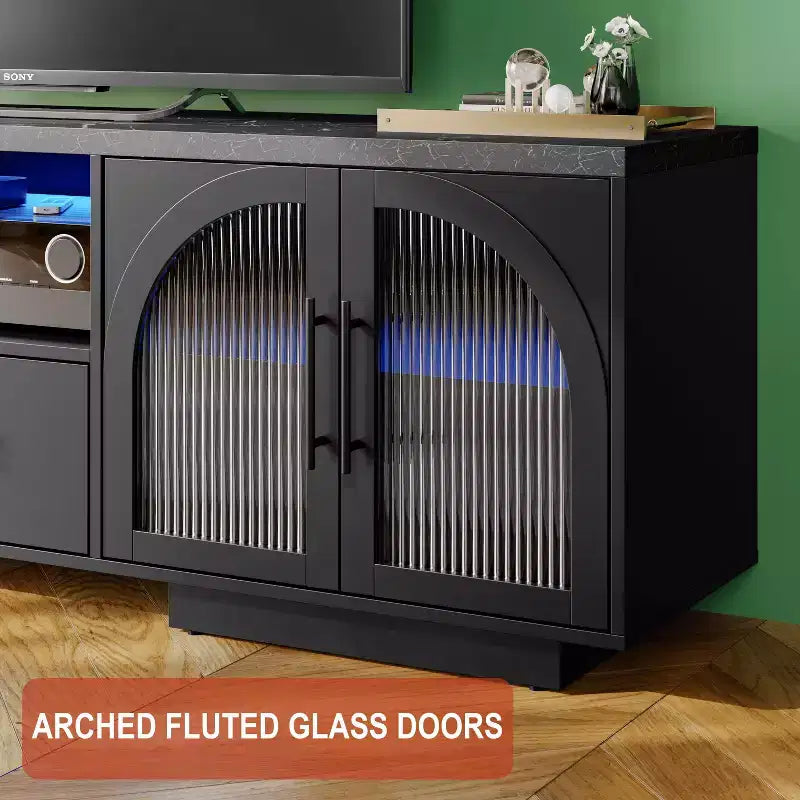 70 TV Stand for 80 TVs, Entertainment Center with LED Lights and Arched Glass Doors
