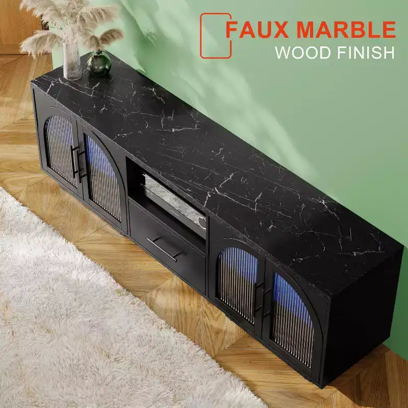70 TV Stand for 80 TVs, Entertainment Center with LED Lights and Arched Glass Doors