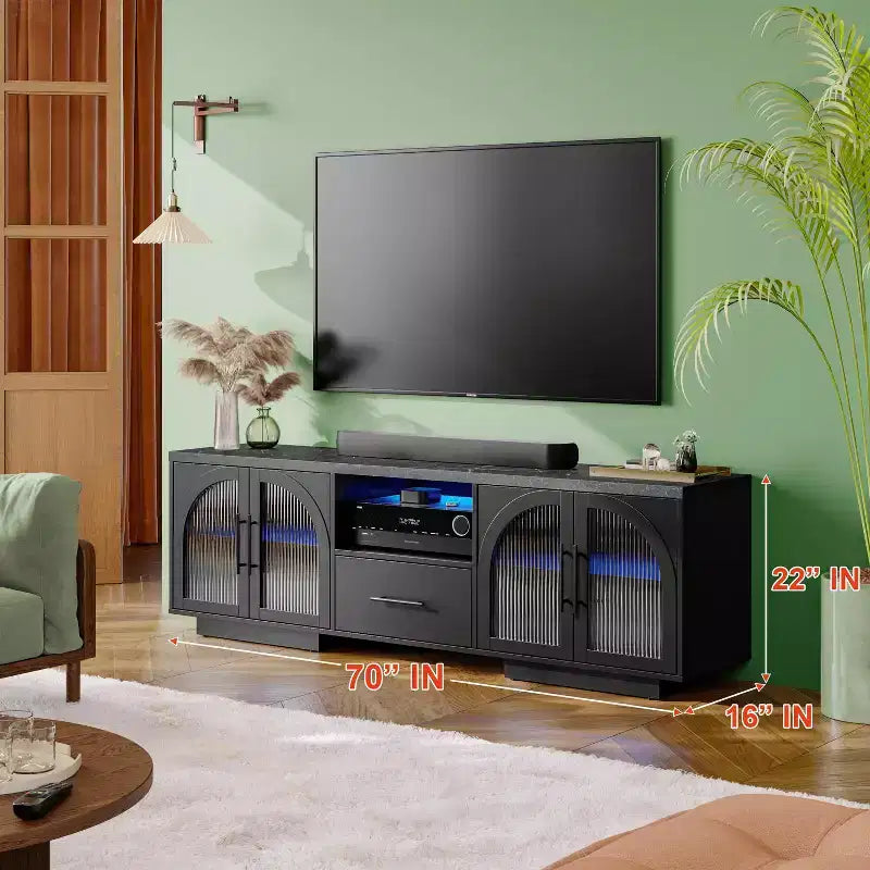 70 TV Stand for 80 TVs, Entertainment Center with LED Lights and Arched Glass Doors