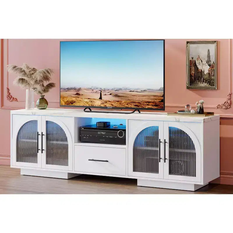 70 TV Stand for 80 TVs, Entertainment Center with LED Lights and Arched Glass Doors