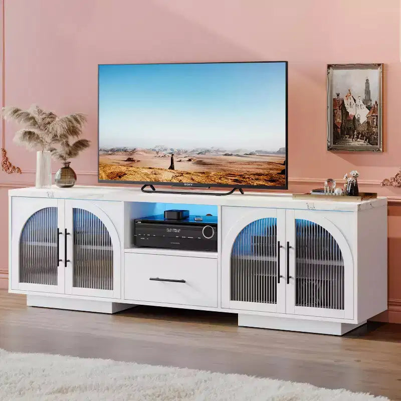 70 TV Stand for 80 TVs, Entertainment Center with LED Lights and Arched Glass Doors