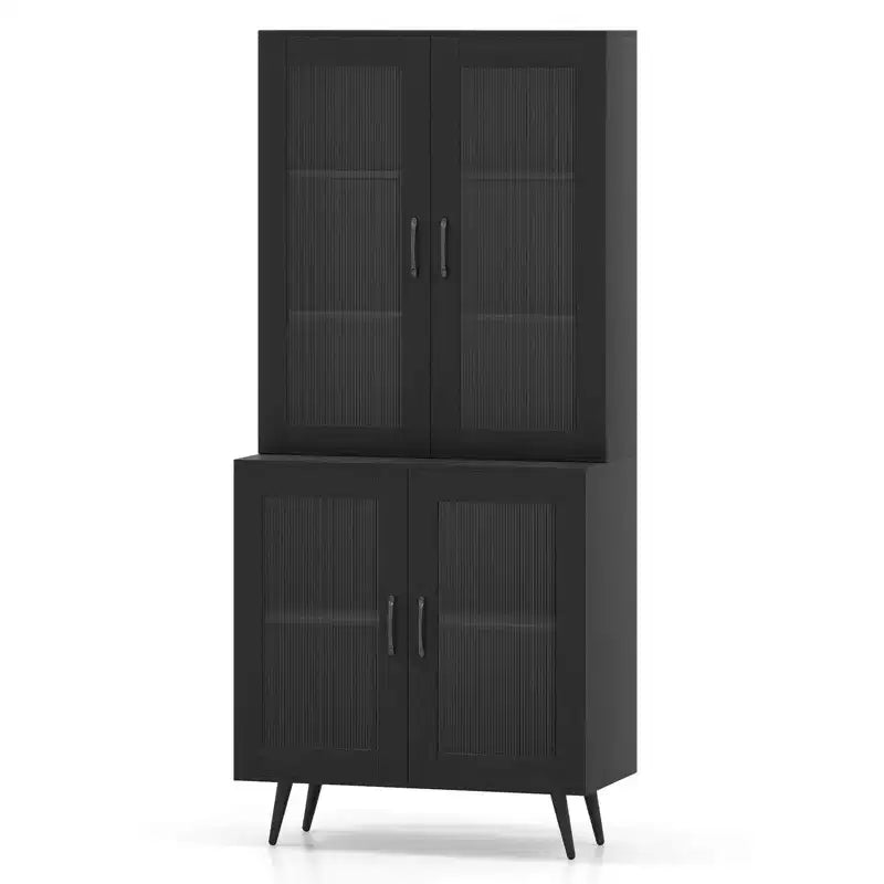 Kitchen Pantry Cabinet with Translucent Fluted Doors & Adjustable Shelf