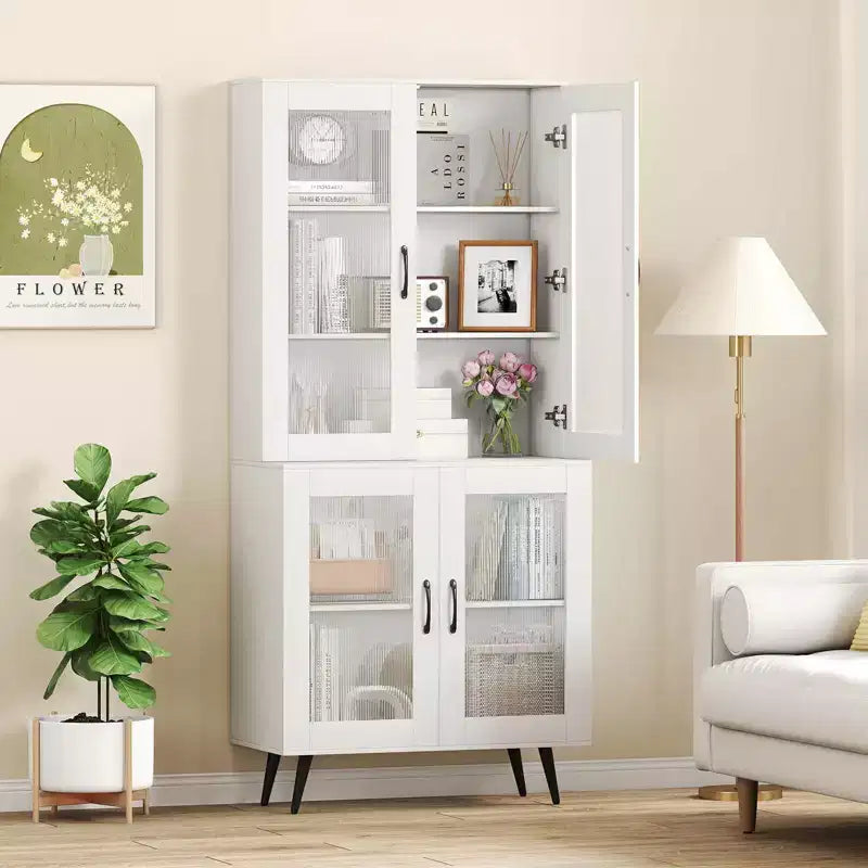 Kitchen Pantry Cabinet with Translucent Fluted Doors & Adjustable Shelf