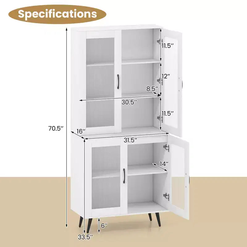 Kitchen Pantry Cabinet with Translucent Fluted Doors & Adjustable Shelf