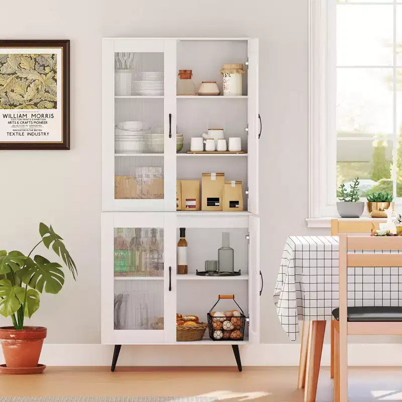 Kitchen Pantry Cabinet with Translucent Fluted Doors & Adjustable Shelf