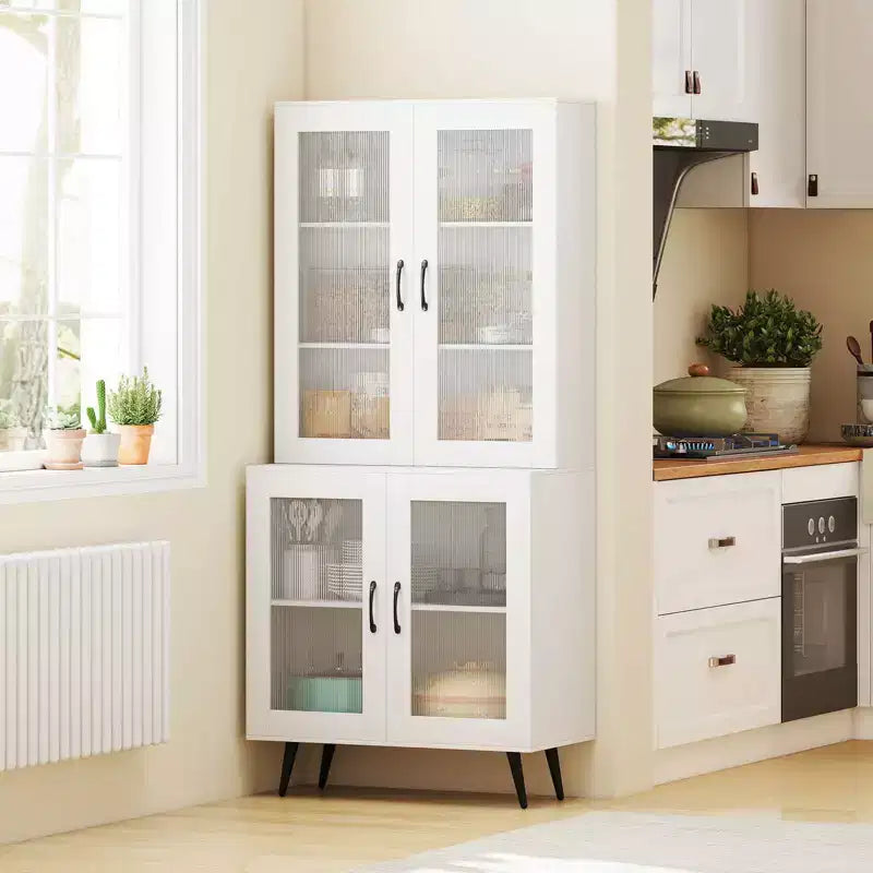 Kitchen Pantry Cabinet with Translucent Fluted Doors & Adjustable Shelf