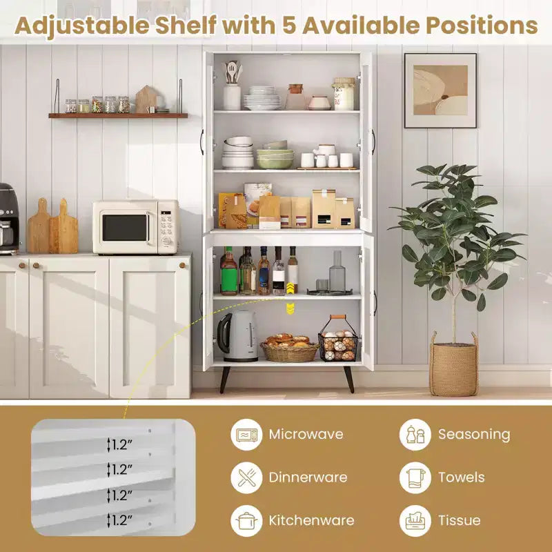Kitchen Pantry Cabinet with Translucent Fluted Doors & Adjustable Shelf