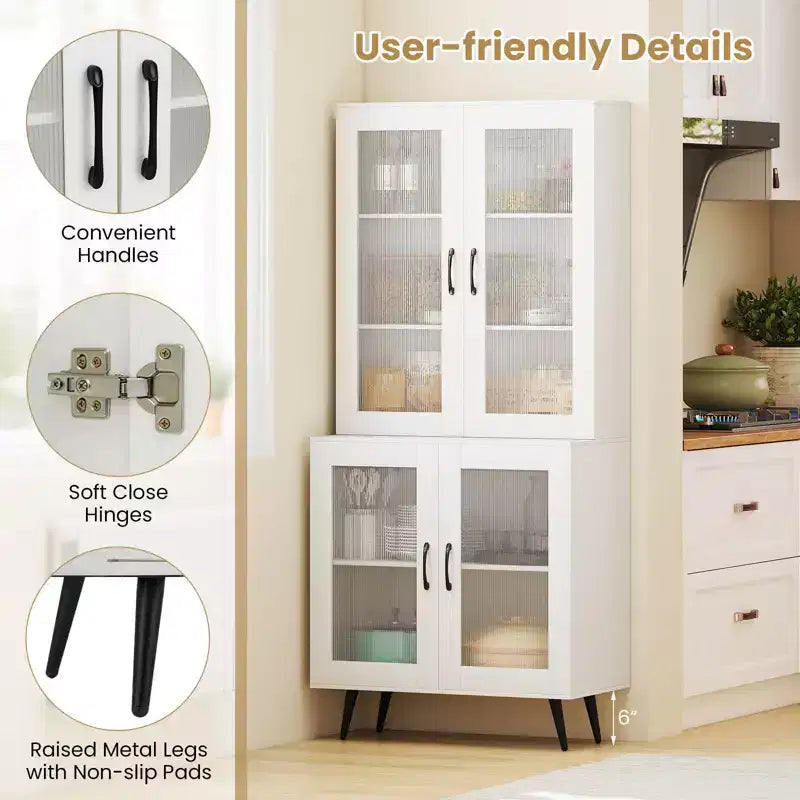 Kitchen Pantry Cabinet with Translucent Fluted Doors & Adjustable Shelf