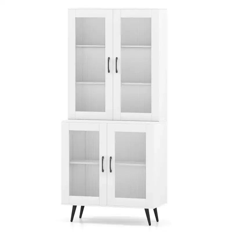 Kitchen Pantry Cabinet with Translucent Fluted Doors & Adjustable Shelf