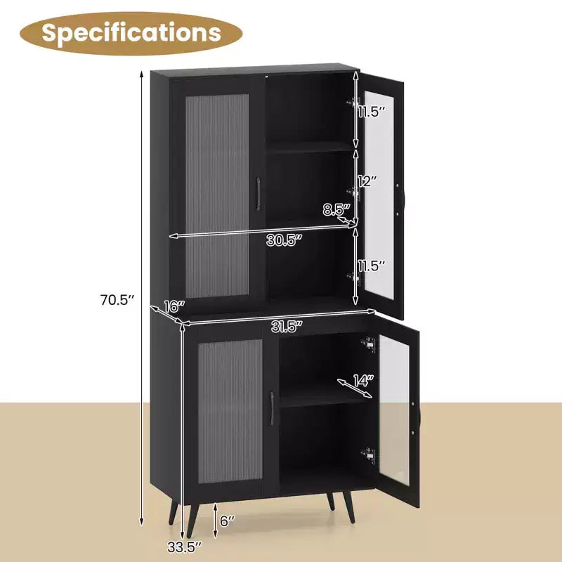 Kitchen Pantry Cabinet with Translucent Fluted Doors & Adjustable Shelf