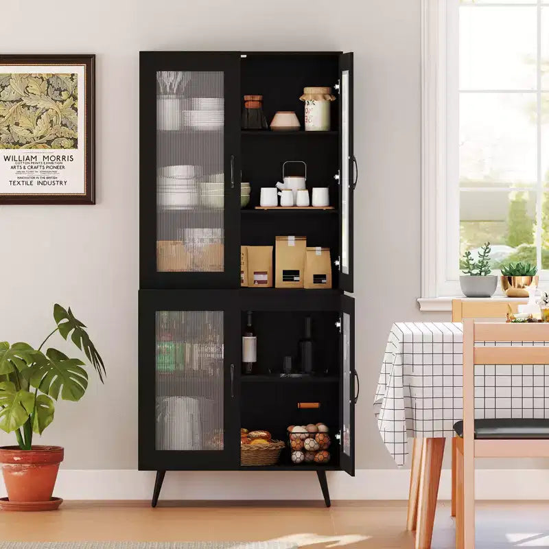 Kitchen Pantry Cabinet with Translucent Fluted Doors & Adjustable Shelf